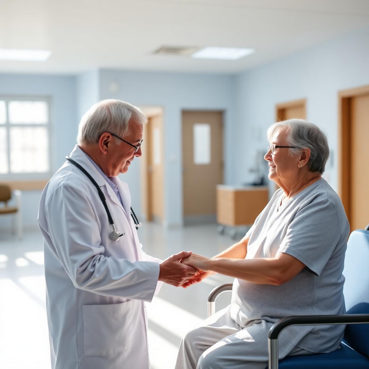 Médico acolhe paciente idosa durante atendimento humanizado